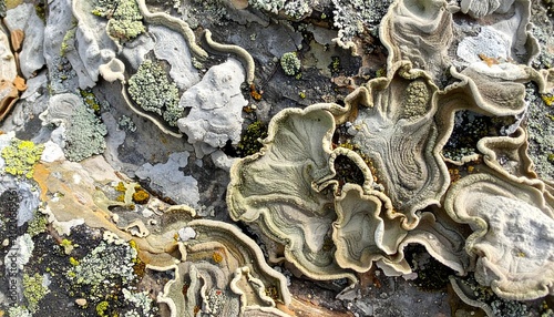 Detailed Macro Shot Revealing the Vibrant Diversity and Complex Structural Beauty of Lichens Covering a Natural Substrate in a Pristine Environment