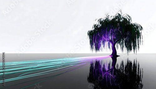 Luminous digital tree, purple glow, dark reflection. Blue energy streams converge, creating a futuristic, mystical, abstract light art scene