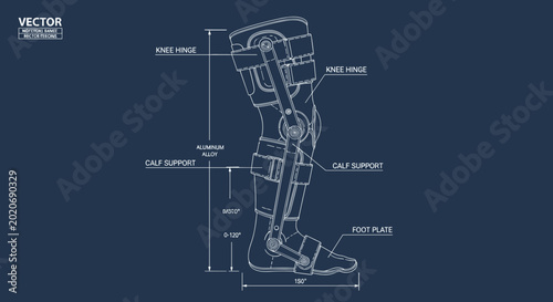 Detailed orthopedic leg brace blueprint illustration on dark blue background showcasing components and measurements