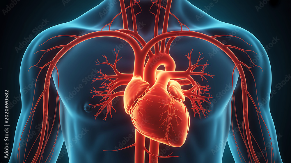 Fototapeta premium Human heart circulatory system medical illustration with glowing red arteries