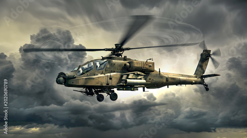 Cinematic modern military attack helicopter flying through storm clouds