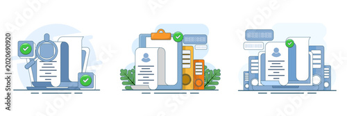Foto Flat vector illustration set of human resources staff reviewing resumes and conducting virtual interviews, suitable for employee recruitment, hiring workflow, and career application concepts