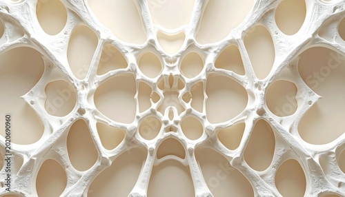 Intricate and organic lattice structure with a symmetrical, fractal-like pattern, resembling biological forms and architectural marvels in pale, soft lighting