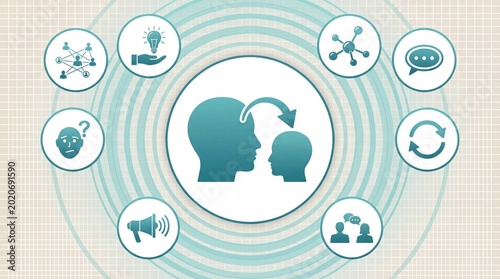 Illustration of two human head silhouettes connected by arrows, surrounded by icons symbolizing communication, ideas, and interaction.