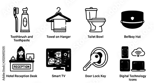 Foto Hotel service icon set toothbrush towel toilet reception desk smart TV key digit
