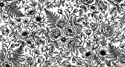 Schilderij op canvas Black and white raster floral seamless pattern hand drawn engraved flowers and l