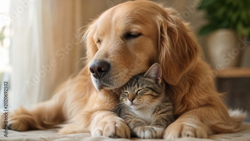 Golden retriever and kitten sitting together peacefully in warm natural light.