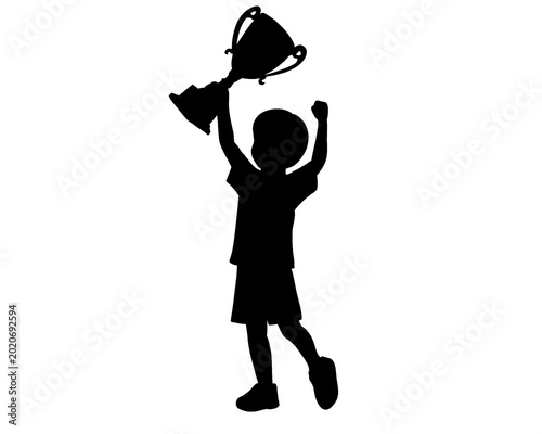 Tableau sur toile silhouette of a child holding a champion's trophy, child achiever, icon isolated