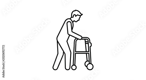 Minimalist line drawing of a person using a walker, depicting mobility assistance, on a clean white background
