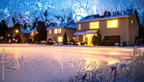 Frosted window framing a winter suburban street scene