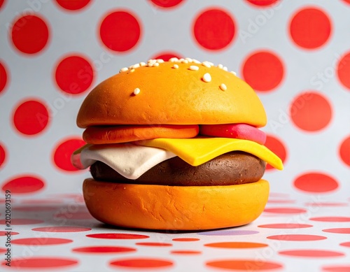 Clay burger with colorful layers on spotted backdrop