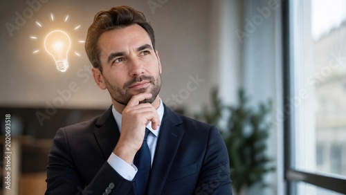 A businessman having a thoughtful idea in a clean office setting.