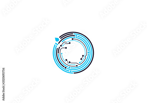 Circular digital circuit board technology logo design.