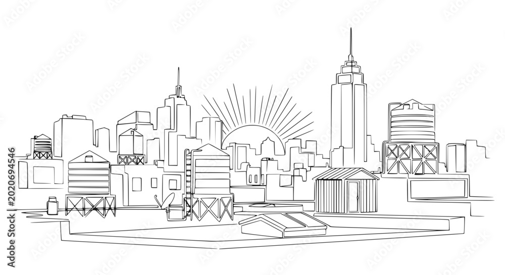 Fototapeta premium Hand-Drawn Cityscape Skyline with Water Towers and Sunrise