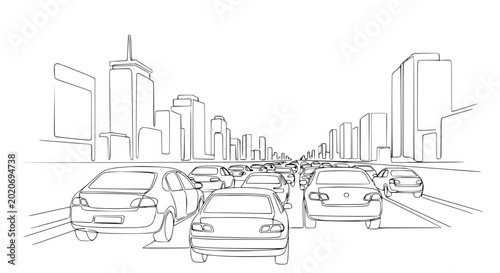 Tableau sur toile Urban traffic jam, cars on highway with city skyline, continuous line drawing