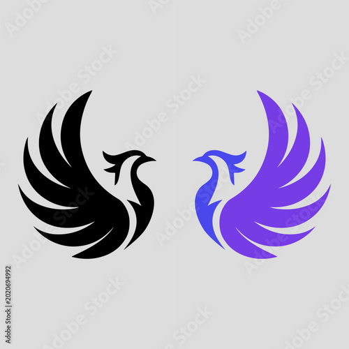 Stylized bird logos in black and purple gradient colors