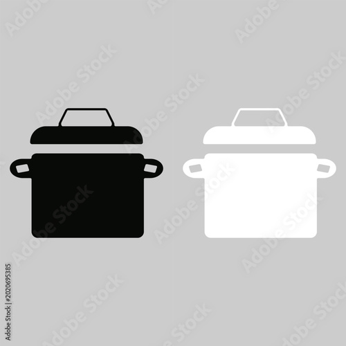 Black and white pot icons with lids and handles side by side on gray background