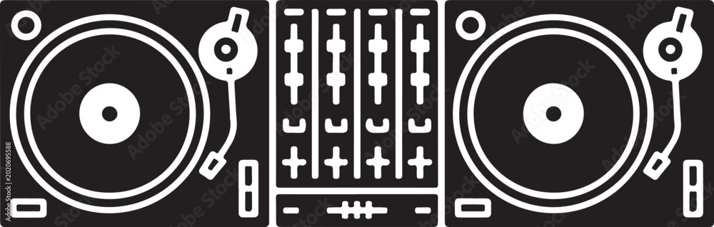 Fotografie Simple flat outlined dj turntables illustration, grayscale on white background