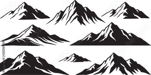 Black Mountain Silhouettes Vector Set, Majestic Rocky Peaks and Ridge Landscape Design Elements Isolated on White Background