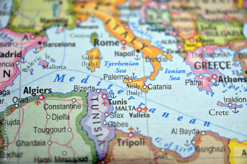 Fototapeta premium Sicily Highlighted on World Map with Soft Blur Defocused Background Minimal Travel Concept
