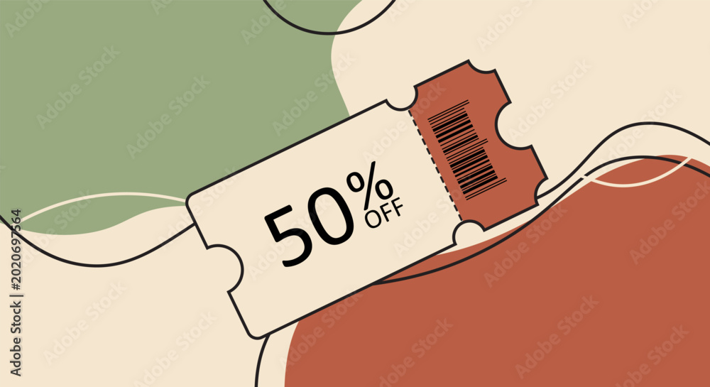 Bilde på lerret A flat design coupon showing sale text and barcode, placed over soft abstract green and terracotta shapes
