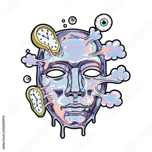 Melting face with clocks and eyes surreal art