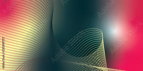 Abstract Moccasin, Teal and DeepPink neon wave ribbons with glowing light trails on a futuristic tech vector background