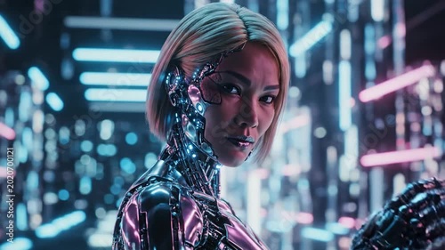 Cybernetic woman with robotic parts in neon futuristic setting
