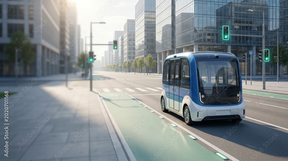 Obraz premium Futuristic Driverless Electric Shuttle Driving on City Street