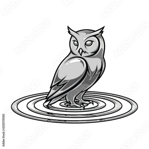 Owl standing on rippling water surface in black and white