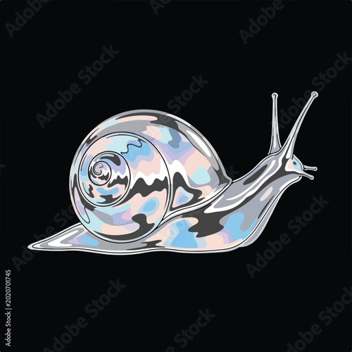 Shiny metallic snail with holographic shell moving on black background