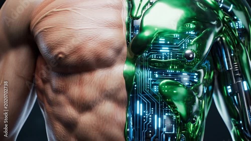 Cyborg male torso with human muscle and robotic circuit parts
