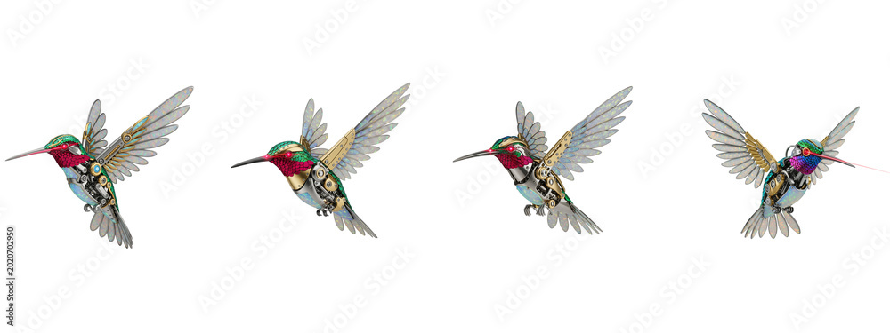Fototapeta premium Four mechanical robotic hummingbirds flying isolated on black background