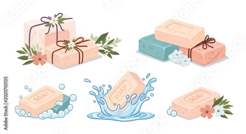 Collection of natural handmade soap bars decorated with flowers and leaves including soaps with bubbles and splashing water effects.