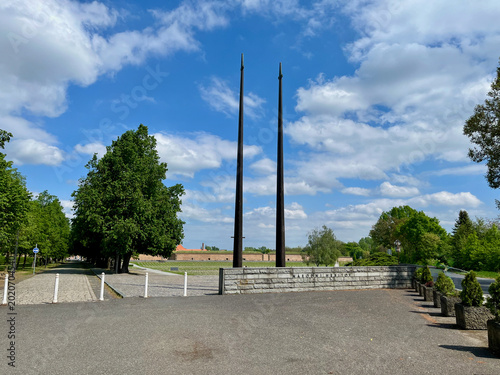 Small fortress and memorial to victims 2nd World War, Terezin, Czech Republic. View of the flagpoles
