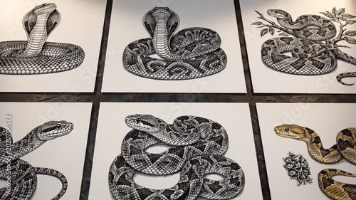 Detailed snake illustrations displayed on square cards over stone