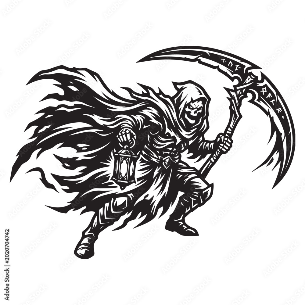 Fototapeta premium Grim Reaper holding a lantern and a scythe illustration.