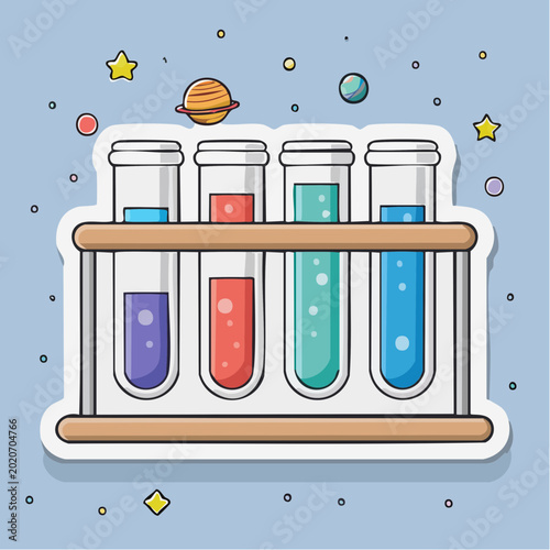 Cartoon Test Tubes with Colorful Liquids and Space Elements