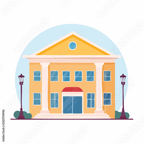 Illustration of a Classical Building with Columns and Lamp Posts