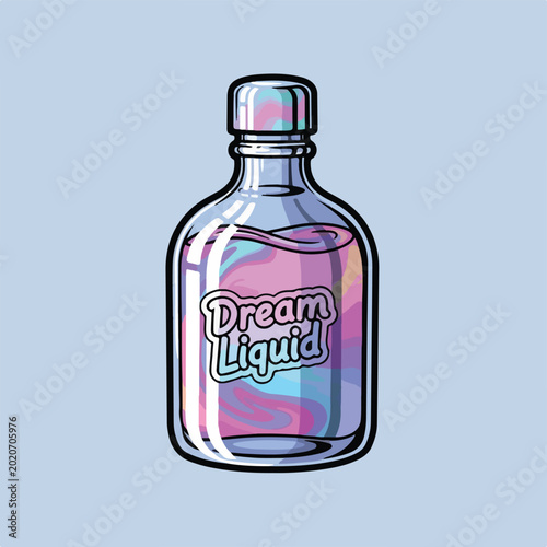 Colorful bottle with Dream Liquid label on light blue background