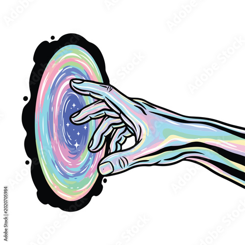 Human hand reaching for colorful galaxy or nebula in space