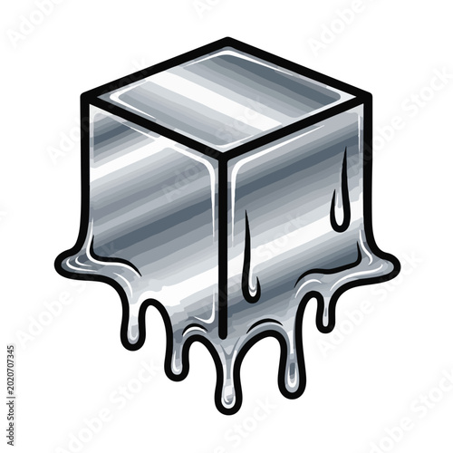 Melting metal cube with shiny surface and black outline