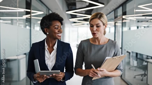 Diverse businesswomen collaborating while walking through a modern office