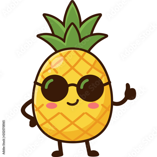 A cartoon pineapple character wearing sunglasses gives a thumbs up outdoors