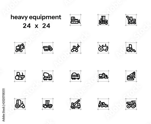 Minimalist set of vector icons of construction equipment, road construction machinery, and heavy equipment for web design and interfaces