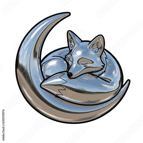 Sleeping Fox Curled Up on Crescent Moon Shape Silhouette