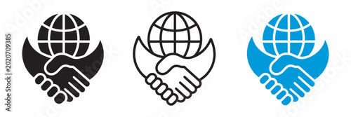 Global business partnership handshake icon set, earth globe concept representing international collaboration, teamwork, diplomacy, networking, corporate connection, flat vector illustration