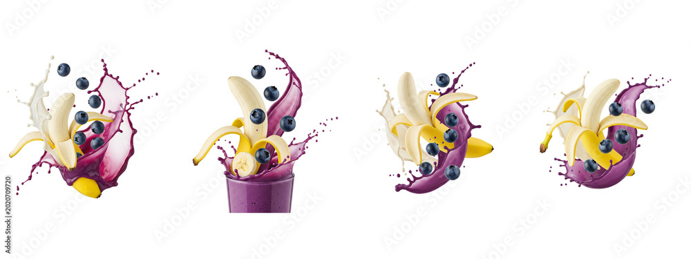 Obraz premium Fresh banana and blueberry smoothie splash isolated on black background