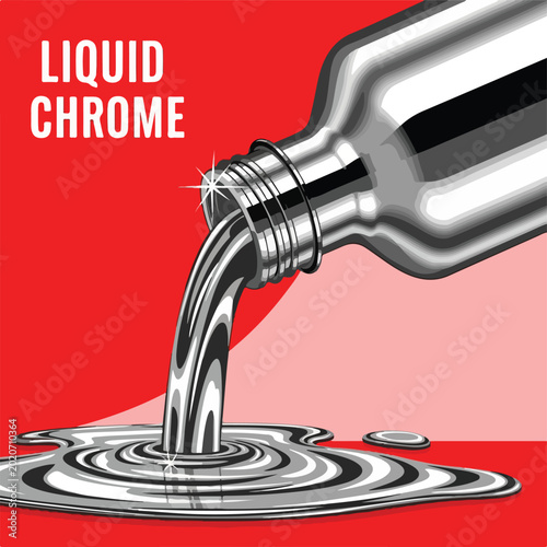 Metallic liquid pouring from bottle on red background