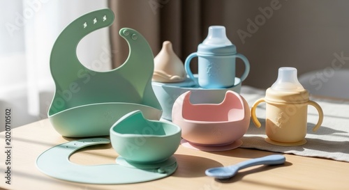 Baby Feeding Essentials - Colorful Silicone Bowls, Bibs, and Sippy Cups on Table.